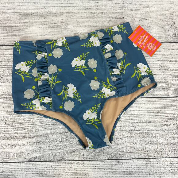 Kortni Jeane Plus Size Blue Floral Ruffle High Waisted Swimsuit Bottoms Size 2XL - Picture 1 of 7